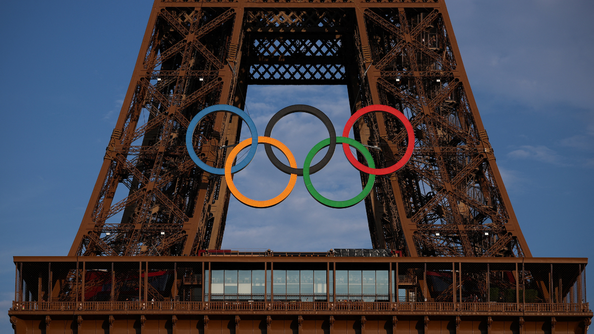 Olympics rings on the Eiffel Tower in Paris for the Paris Olympics 2024