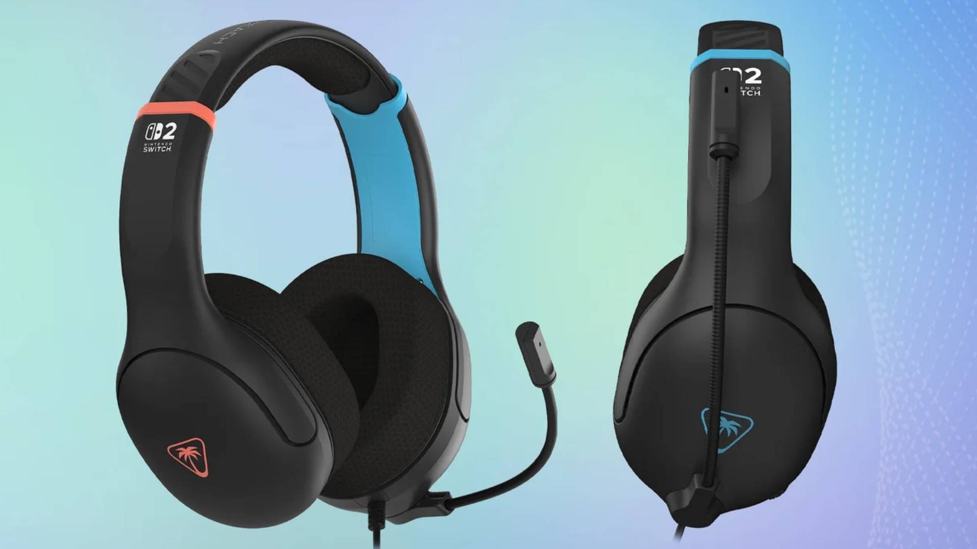 Official promo image of the new Turtle Beach Airlite Fit wired gaming headset for the Nintendo Switch 2, with a blue and green background.
