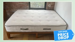 The Avocado Green Mattress in tester Michelle Ross's bedroom. In the bottom right corner is a Tom's Guide Price Drop deals graphic