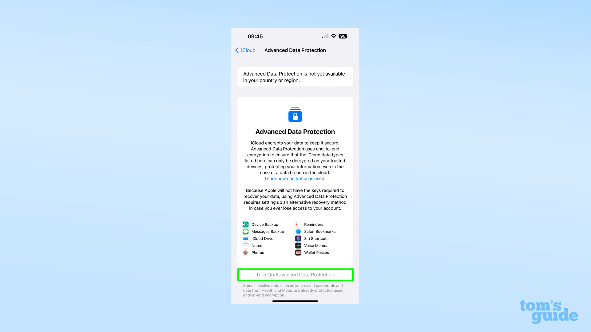 Снимок экрана приложения «Настройки iOS 16.2» с меню «Дополнительная защита данных».