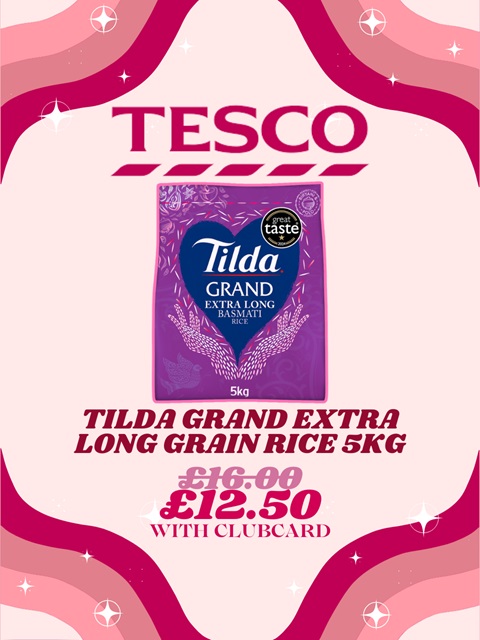 Tilda rice with the price both with and without a Tesco Clubcard.