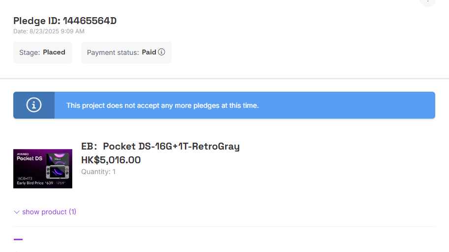 AYANEO Pocket DS Indiegogo Campaign pledge receipt