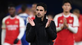 Arsenal manager Mikel Arteta applauds the fans after the Gunners' 2-2 draw at Chelsea in October 2023.