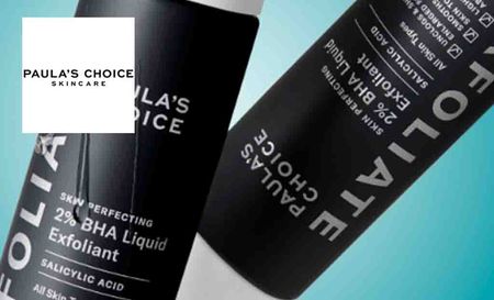 Paulas Choice Logo placed over two Paulas Choice products with blue background