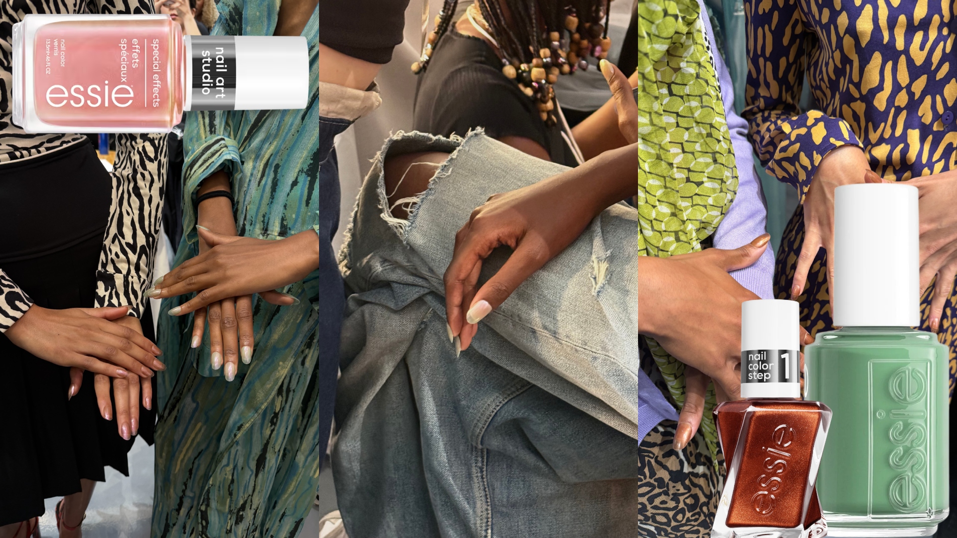 a collage of sunglasses manicures on five sets of hands with three bottles of nail polish on colorful printed fabric