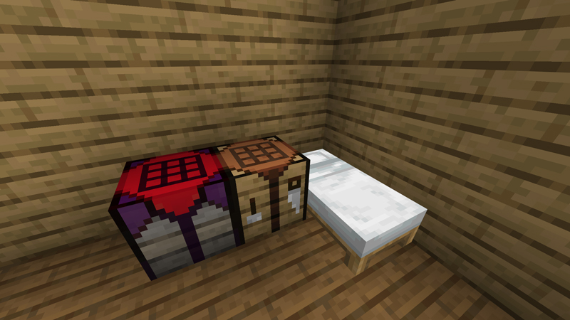 A minecraft crafting table next to a bed, in a room made from oak planks and next to the normal crafting table is the uncrafting table.