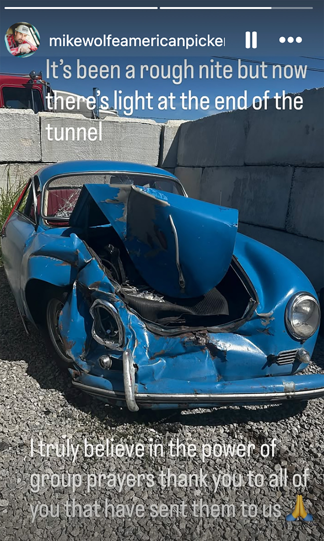 Picture of a car accident and a message after American Picker&#039;s star&#039;s crash.