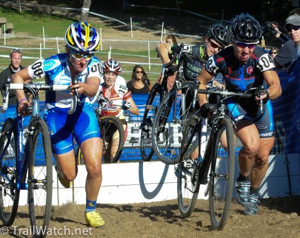 Amy Dombroski (left) and Laura Van Gilder (right) have a foot race
