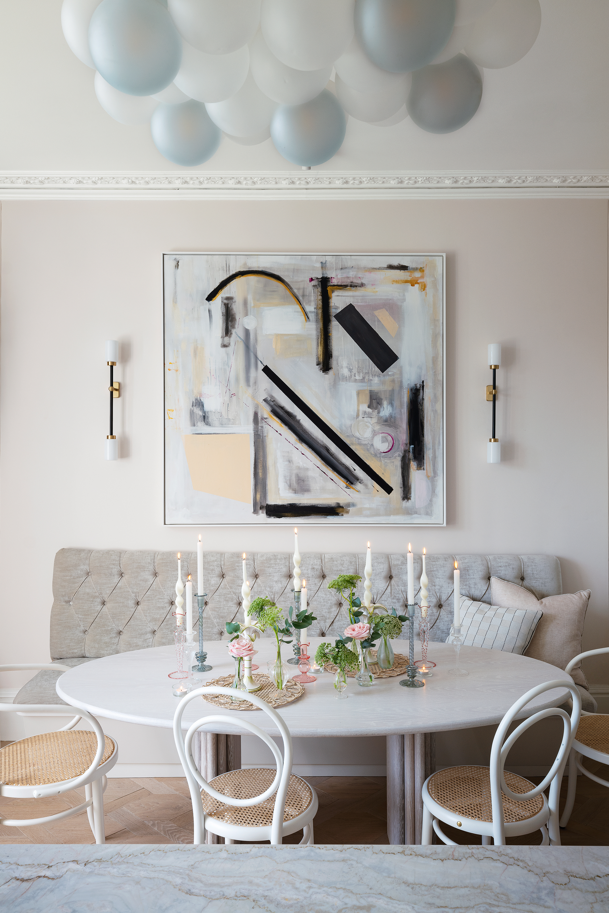 Dining room with bud vases on the table