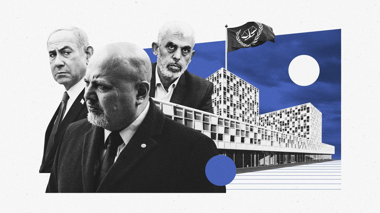 Photo composite of (L-R) Benjamin Netanyahu, Karim Khan and Yahya Sinwar against the ICC building