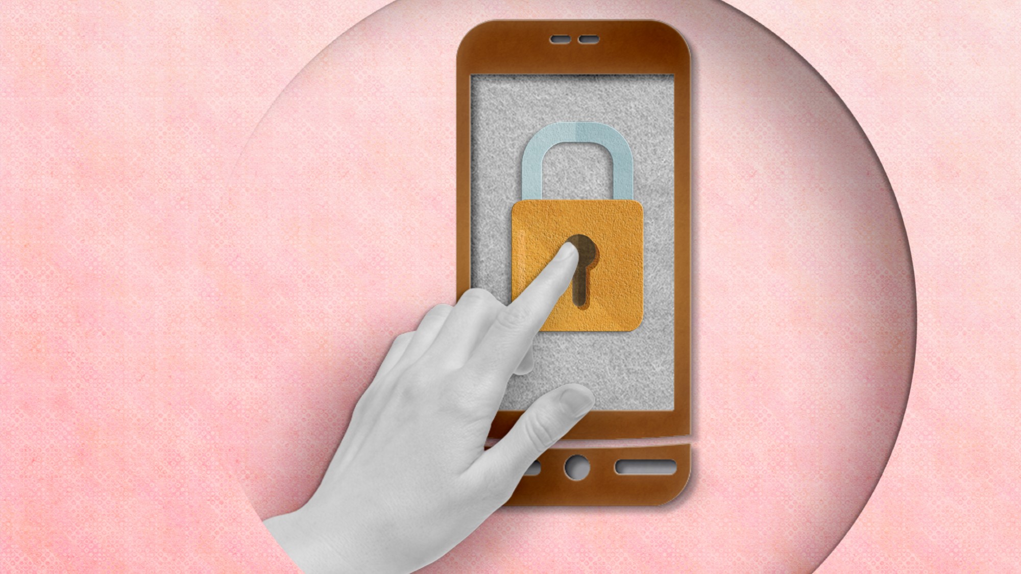 Papercraft smartphone with locked padlock and female hand