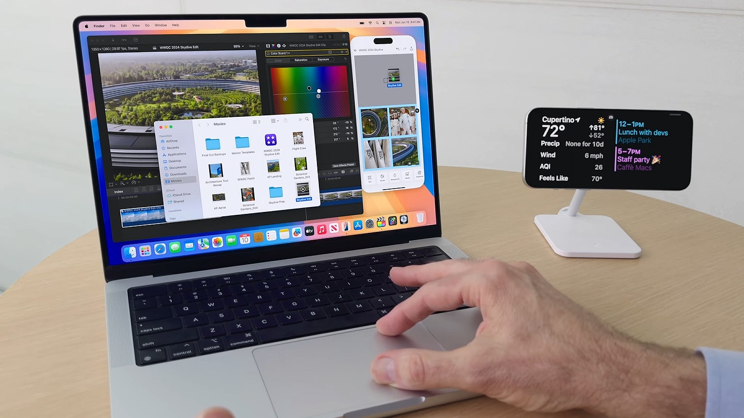 Apple's Craig Federighi demonstrating the iPhone Mirroring feature in macOS Sequoia and iOS 18 at the Worldwide Developers Conference (WWDC) in June 2024.