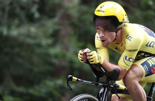 Team Jumbo rider Slovenias Primoz Roglic wearing the overall leaders yellow jersey rides during the 20th stage of the 107th edition of the Tour de France cycling race a time trial of 36 km between Lure and La Planche des Belles Filles on September 19 2020 Photo by KENZO TRIBOUILLARD AFP Photo by KENZO TRIBOUILLARDAFP via Getty Images