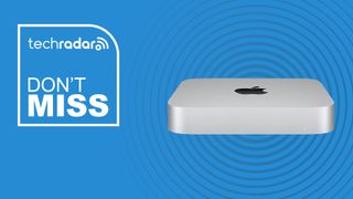 The Mac mini (M2, 2023) on a blue background with a TechRadar 'Don't Miss' bade.
