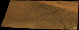 This mosaic of the rock outcrop Greeley Haven on Mars was acquired by the rover Opportunity's Panoramic Camera (Pancam) on Sol 2,793 (Dec. 2, 2011)