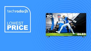 TCL Q6 TV on blue background with lowest price text overlay