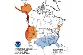 Predicted temperatures across the United States for the three months beginning Nov. 20, 2014, showing where above-average and below-average temperatures will be.