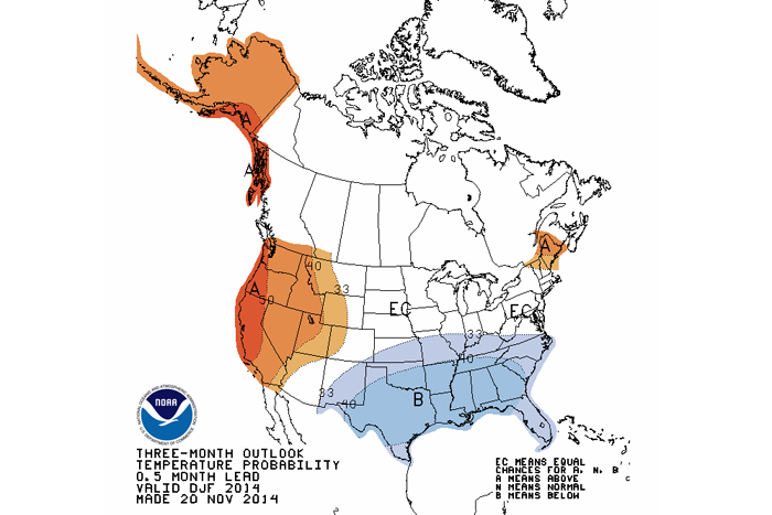 Predicted temperatures across the United States for the three months beginning Nov. 20, 2014, showing where above-average and below-average temperatures will be.