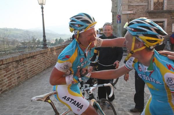 The Astana boys celebrate their win