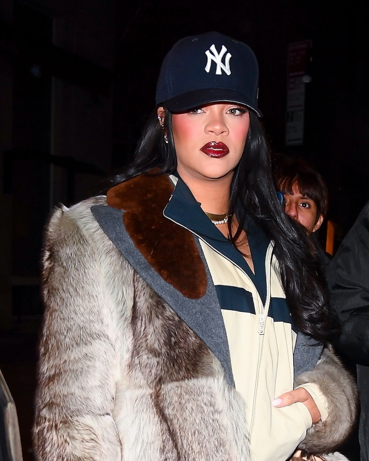 Rihanna wearing "winter-berry" lipstick in NYC