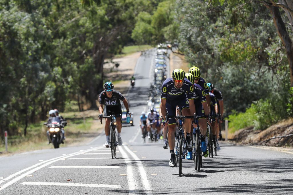 Sam Bewley (Orica-Scott) on the front of the peloton