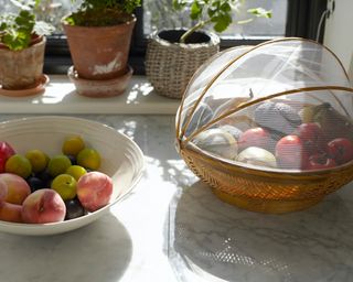 Counter with open and covered fruit bowls