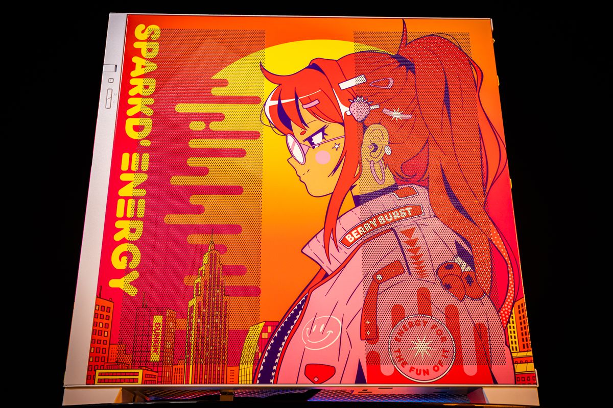Dunkin's themed PC covered in anime girls.