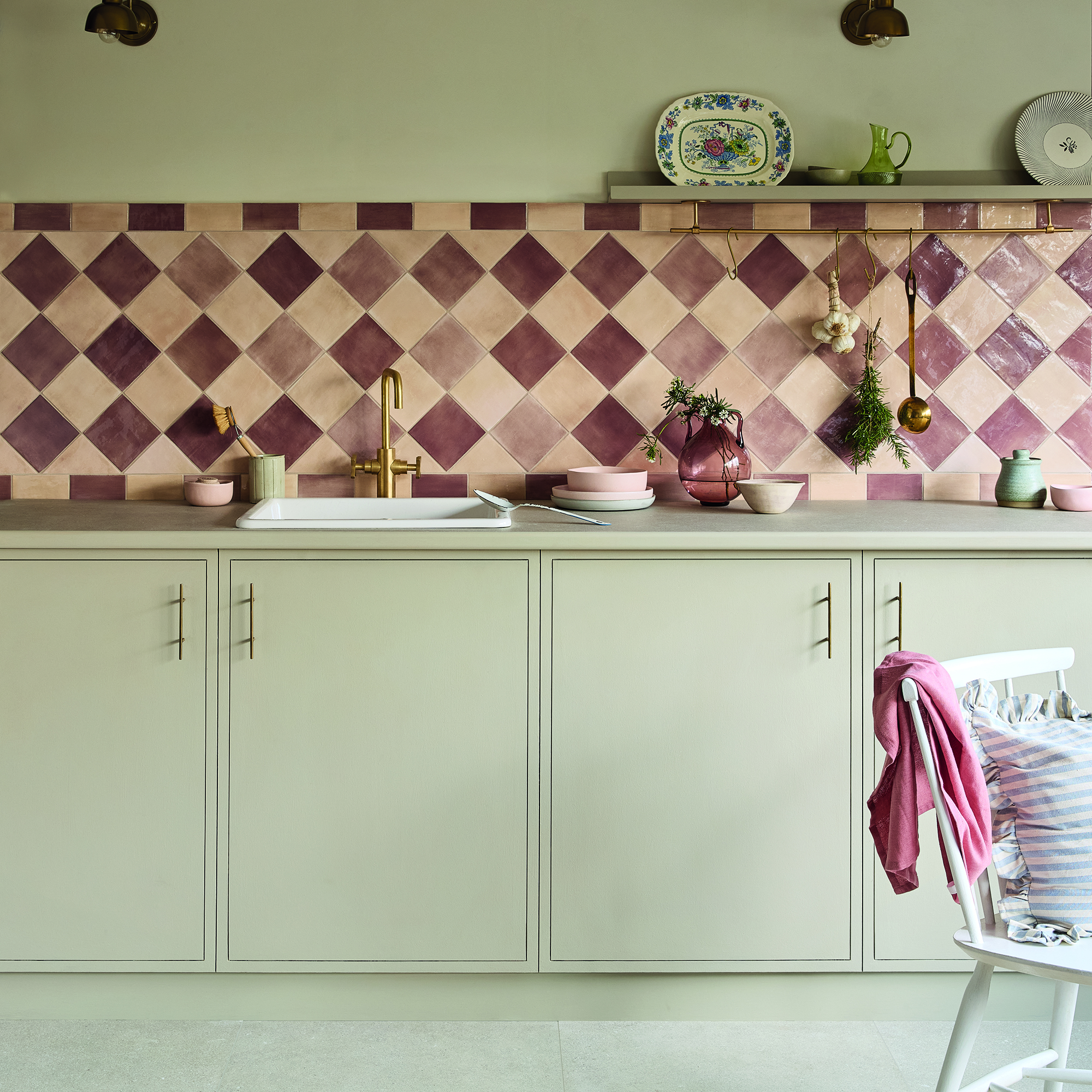 Pink tiled backsplash