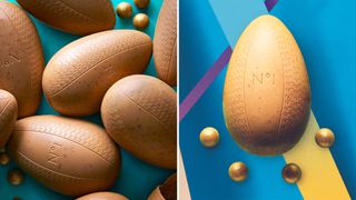 Side by Side photo Waitrose's Blonde chocolate egg with a colourful blue background