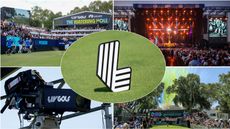 A LIV Golf logo and four views of LIV concerts, the watering hole, a LIV camera and a shotgun start