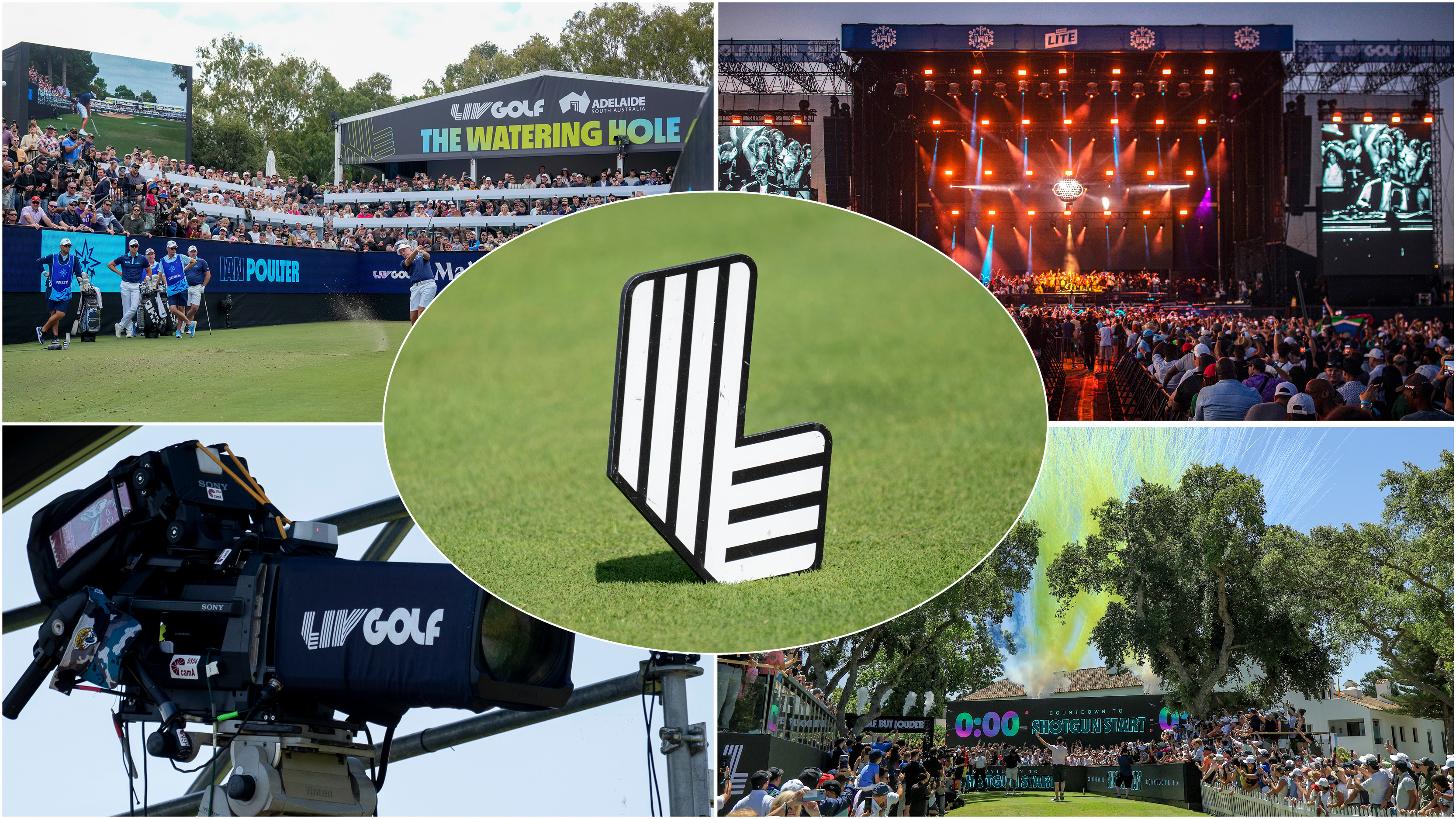 A LIV Golf logo and four views of LIV concerts, the watering hole, a LIV camera and a shotgun start