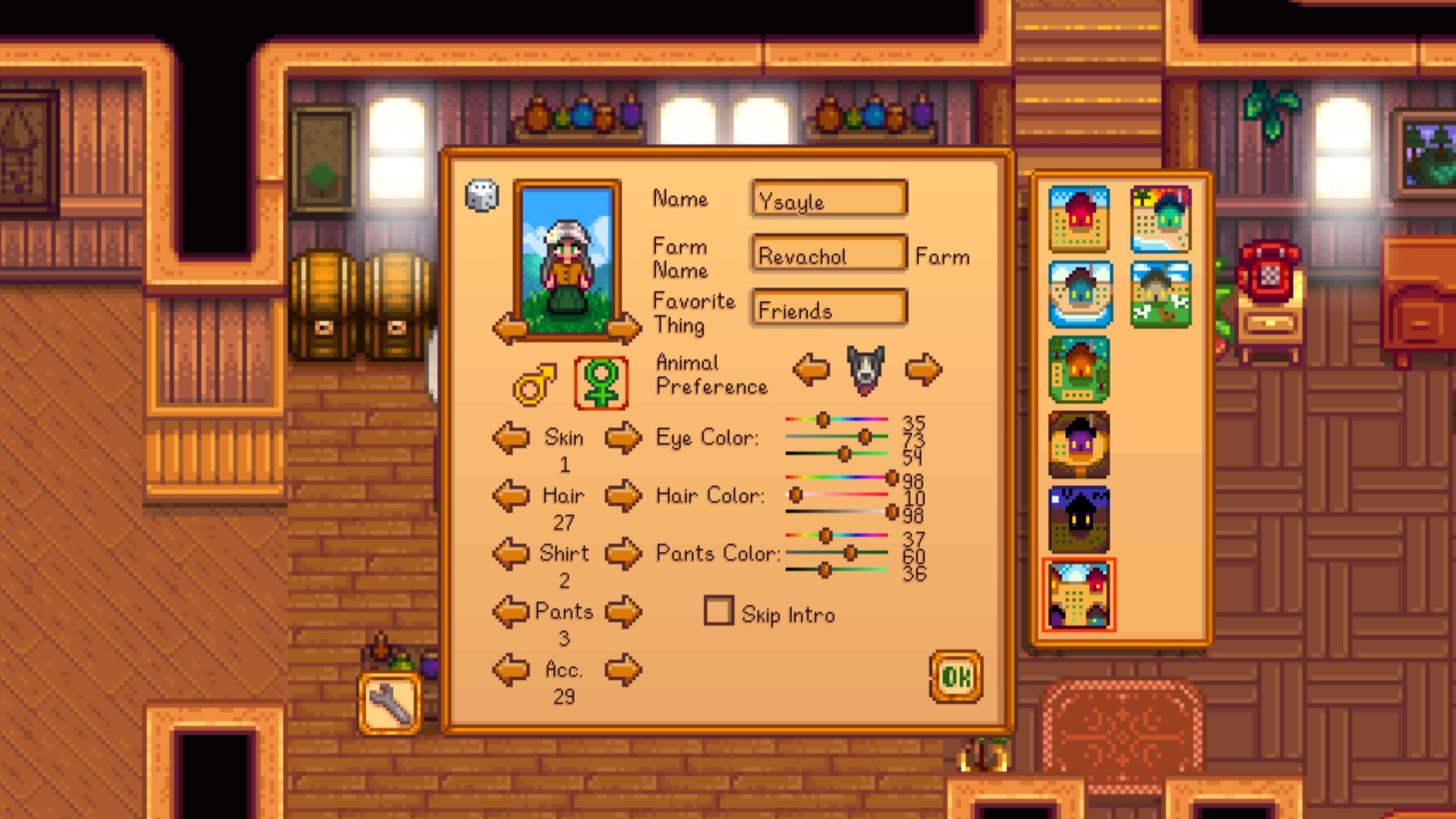 The player customization screen in Stardew Valley. It's not being used in its typical location at a mirror or at start up, and instead spawned by a cheat. There are options to change names, animal preferences, skin, hair, and clothing.