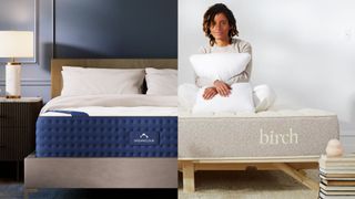 The image shows the DreamCloud hybrid on the left hand side of the image and the Birch Natural Mattress on the right in a side by side comparison