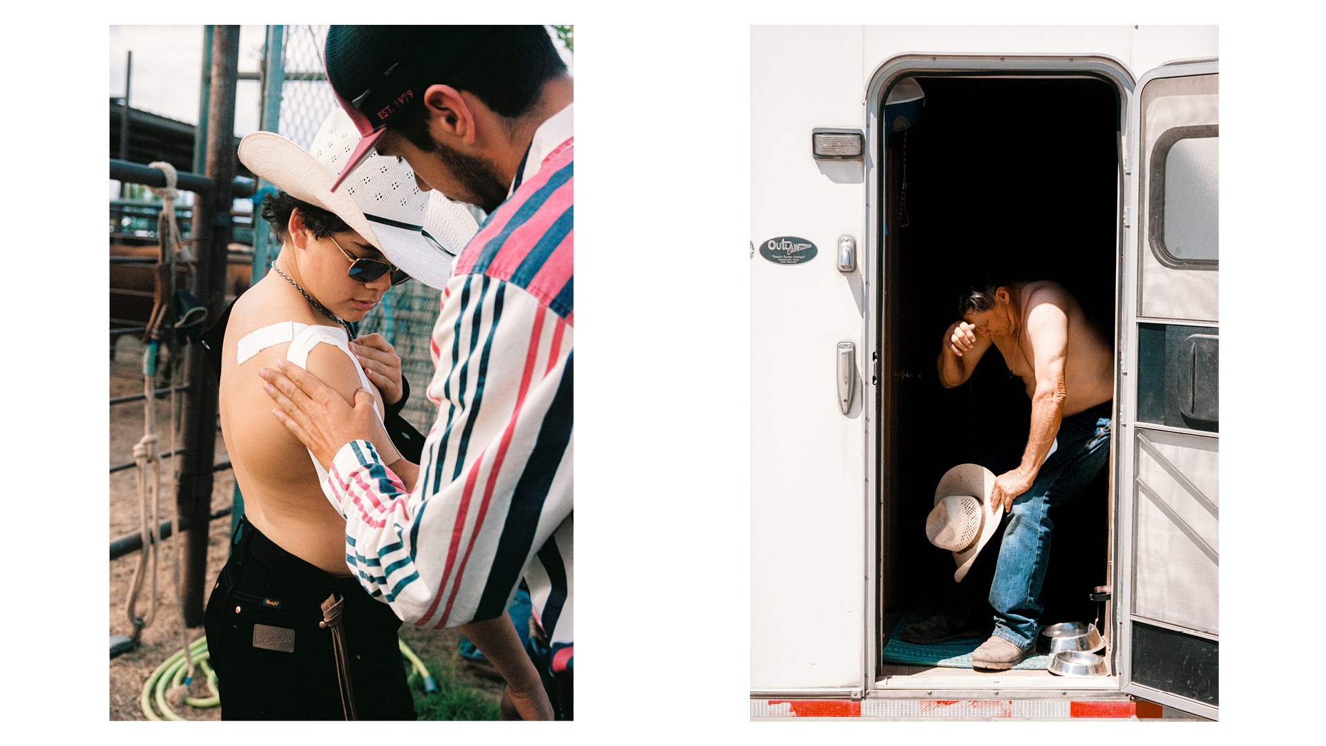 Montage of two photographs taken by Alex Bex, part of a series called Memories of Dust. Left-hand image: Big Foot, Texas, USA, 2024. Merrick, 18, recently broke his collarbone while riding a bull at a rodeo. Allen, 20, helps him bandage the injury before riding again &amp;ndash; despite his family&amp;rsquo;s pleas to wait until he&amp;rsquo;s fully healed. While highly competitive, rodeos foster a strong community, with riders helping and looking out for each other. Right-hand image: Curtis, 54, rests in his trailer before his next session at the World Series of Team Roping. In this competition, lasting a couple of days, team ropers are often nervous about the rodeo, where their success depends on the partnership and trust between riders.