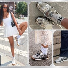 Collage of different close-up shots of people wearing metallic sneakers.