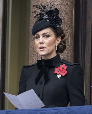 Catherine, Princess of Wales at The Cenotaph on November 10, 2024 in London, England. Each year members of the British Royal Family join politicians, veterans and members of the public to remember those who have died in combat.