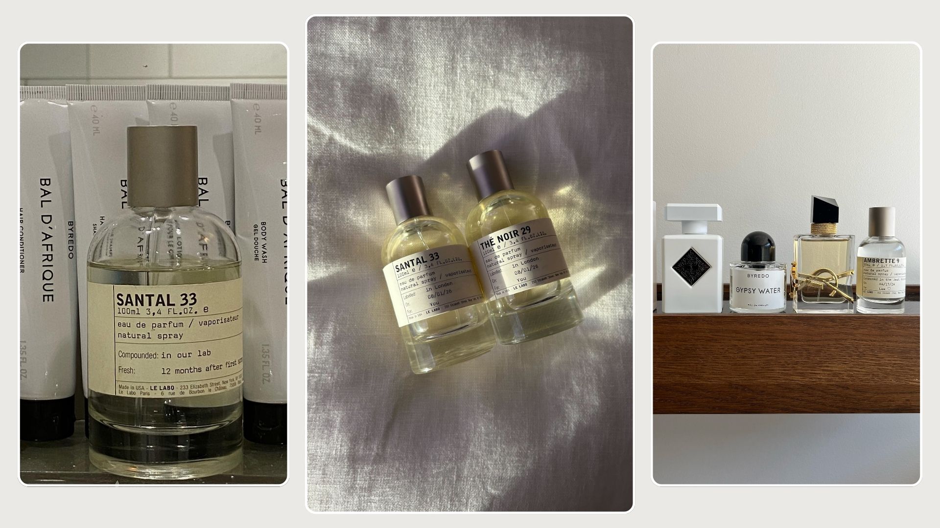 A collage of Le Labo perfume imagery