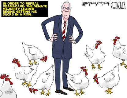 Political cartoon U.S. Mitch McConnell ducks repeal Obamacare