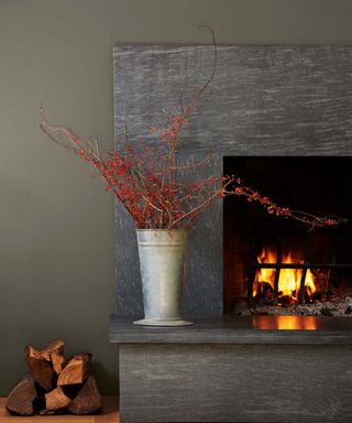 gray-green wall with fireplace, pot with red foliage, pile of wood on the floor