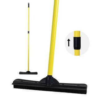 Furemover Original Pet Hair Rubber Broom With Squeegee and close-up of handle against white background.