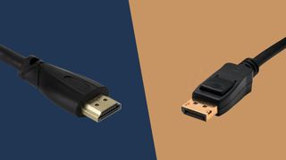 A close up of a HDMI cable and a DisplayPort cable