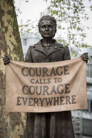 Gillian Wearing's statue of suffragette Millicent Fawcett, 2018 bronze on marble plinth. Commissioned by the the Mayor of London for Parliment Square in London