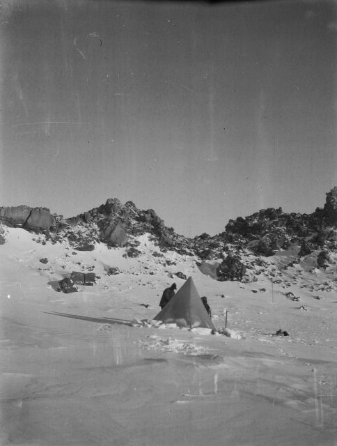 Historic photo of a 1912 Antarctica campsite