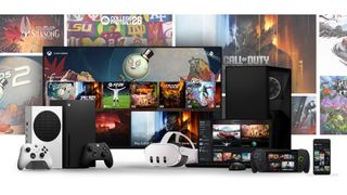 A promotional image for Xbox Game Pass, featuring a huge range of devices playing games available on Xbox Game Pass