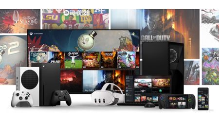 A promotional image for Xbox Game Pass, featuring a huge range of devices playing games available on Xbox Game Pass