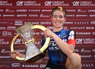 SIENA ITALY MARCH 08 Demi Vollering of Netherlands and Team FDJ SUEZ celebrates at podium as race winner during the 11st Strade Bianche 2025 Womens Elite a 136km one day race from Siena to Siena 320m UCIWWT on March 08 2025 in Siena Italy Photo by Dario BelingheriGetty Images