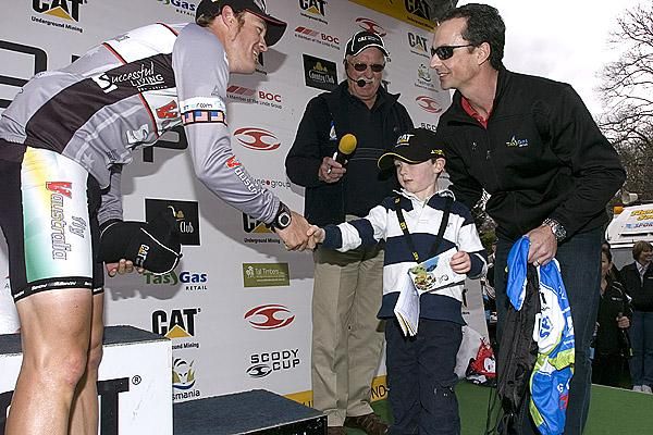 Bernard Sulzberger (Fly V Australia) is presented with his Tas Gas Leading Tasmania rider of the Tour jersey in Westbury.