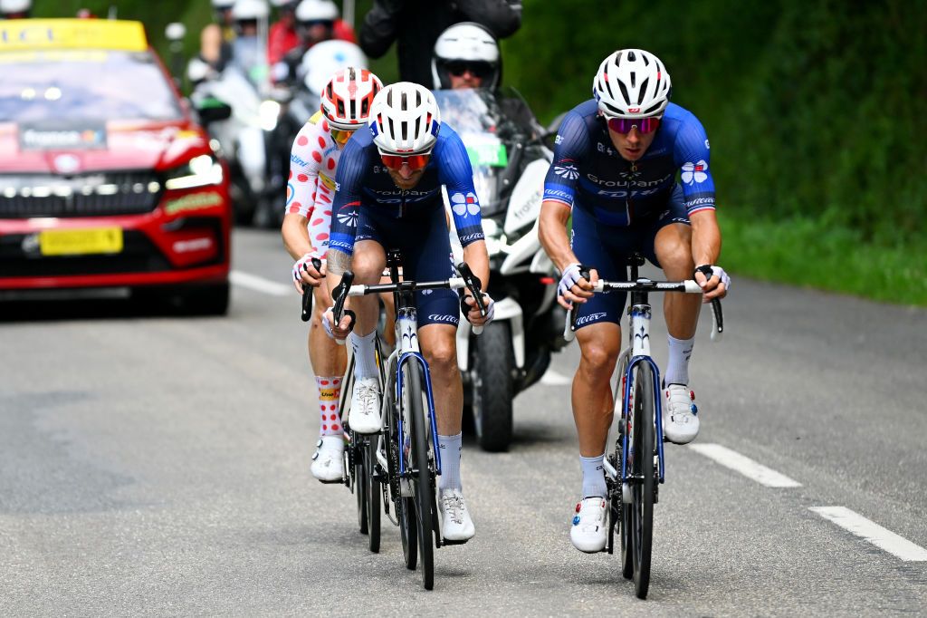 VILLENEUVESURLOT FRANCE JULY 11 LR Quentin Pacher of France and Valentin Madouas of France and Team Groupama FDJ compete in the breakaway during the 111th Tour de France 2024 Stage 12 a 2036km stage from Aurillac to VilleneuvesurLot UCIWT on July 11 2024 in VilleneuvesurLot France Photo by Dario BelingheriGetty Images