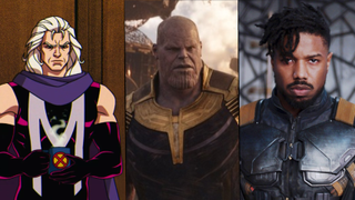 Magneto holding coffee cup, Thanos, and Killmonger looking menacing 