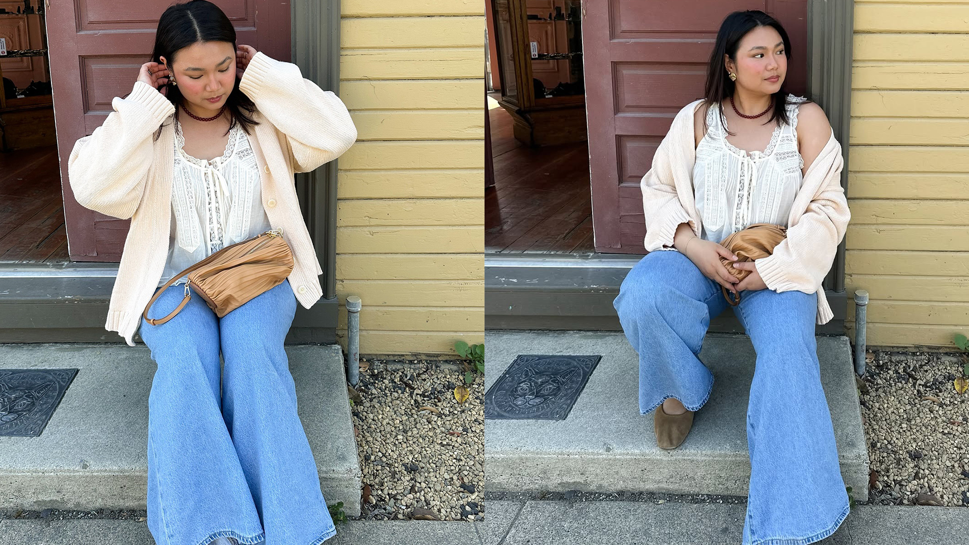 marina wears wide leg jeans white shirt and cardigan